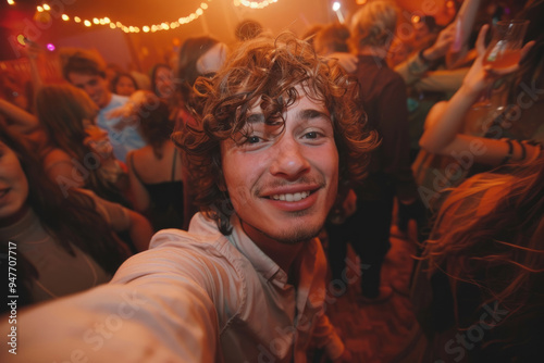 Young man smiling and enjoying music festival with friends