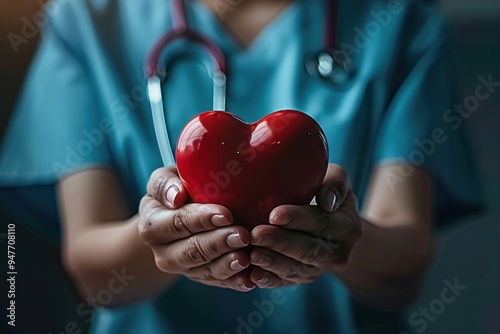 Close-up of a doctor's hands holding a red heart photo