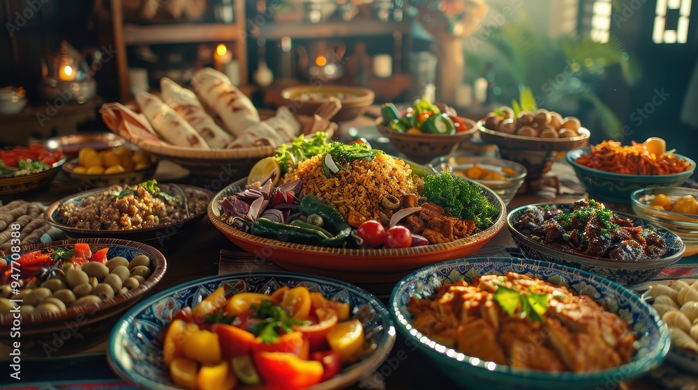 Obraz premium A Table Spread of Middle Eastern Dishes in Rustic Setting