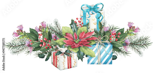 Watercolor Christmas border with gift boxes, fir, holly, poinsettia, Xmas png. traditional cozy art, hand painted