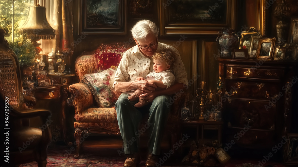 A grandparent holding a young child, surrounded by family heirlo A grandparent holding a young child, surrounded by family heirlo