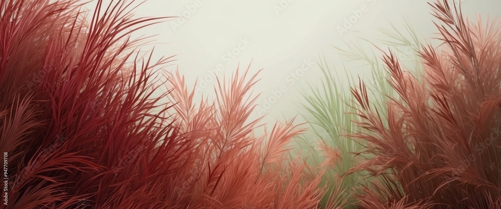 Abstract Close-Up of Red and Green Grasses with a Foggy Background Abstract Close-Up of Red and Green Grasses with a Foggy Background