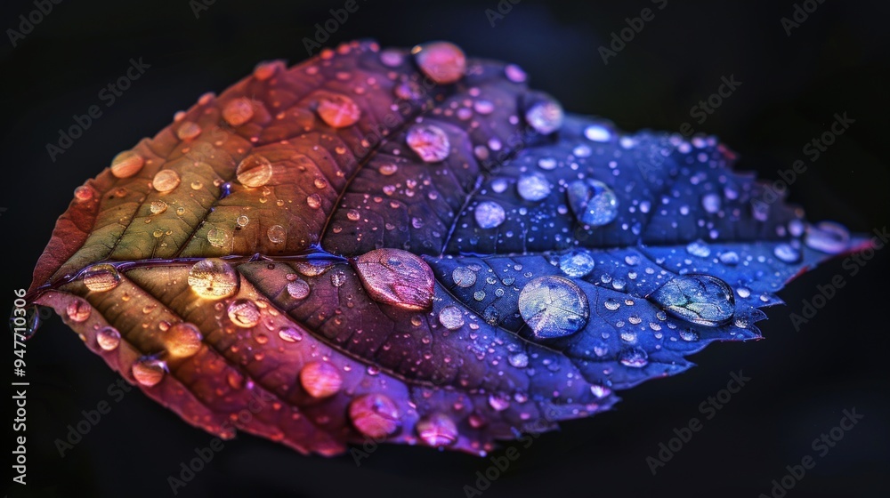 Fototapeta premium A Colorful Leaf with Dewdrops