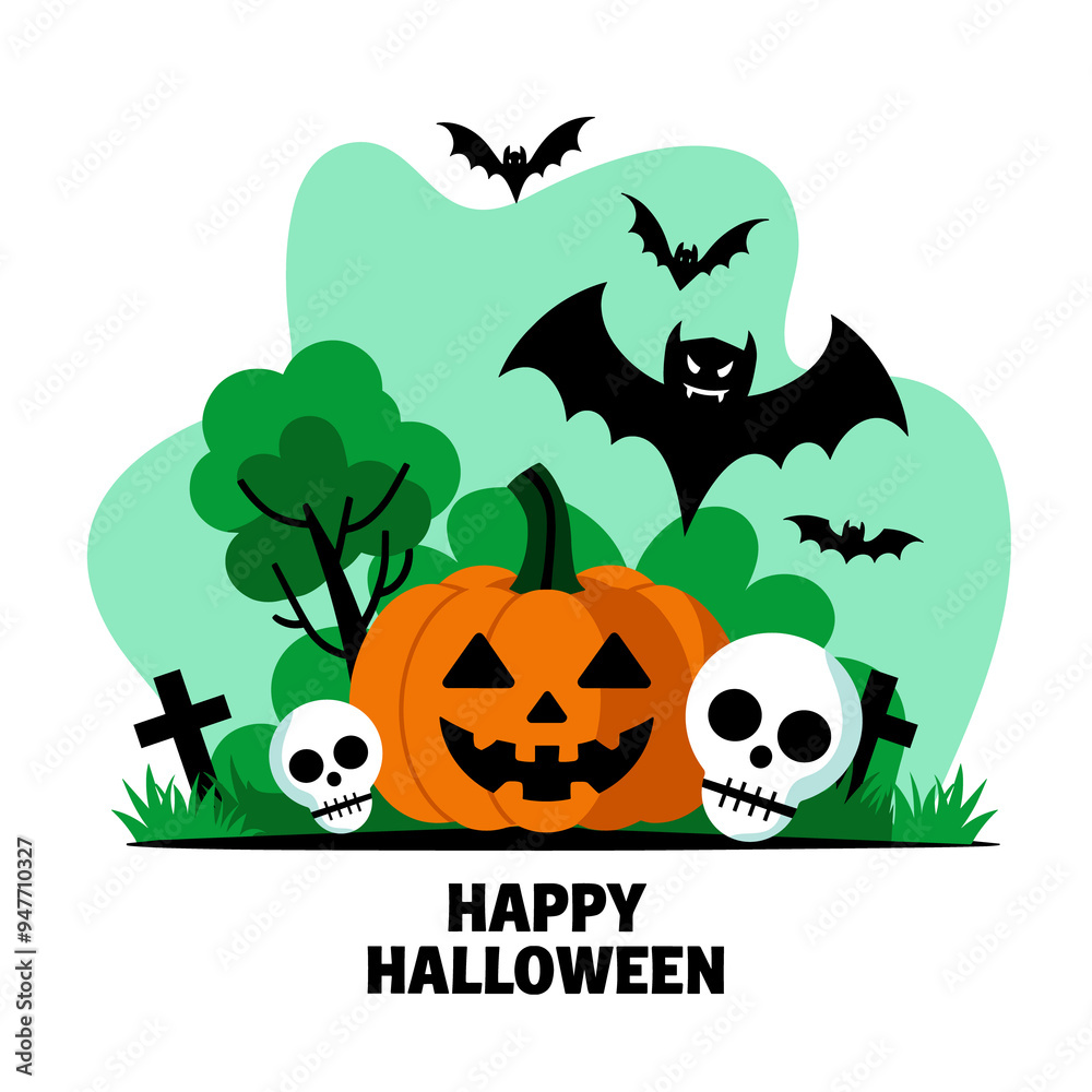 Fototapeta premium Halloween holiday poster in flat style. Punpkins, bats and stylized skulls on simple background.