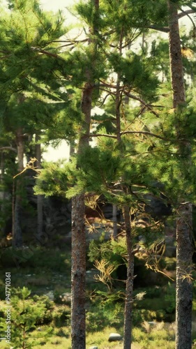 A large rock formation dense with pine trees photo