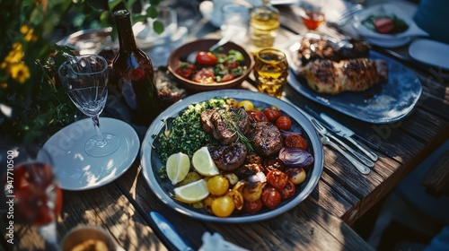 Festive Outdoor Mediterranean Feast with Grilled Meats and Fresh Salads