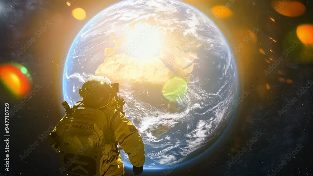 Astronaut is contemplating a sunrise over earth from space Astronaut is contemplating a sunrise over earth from space