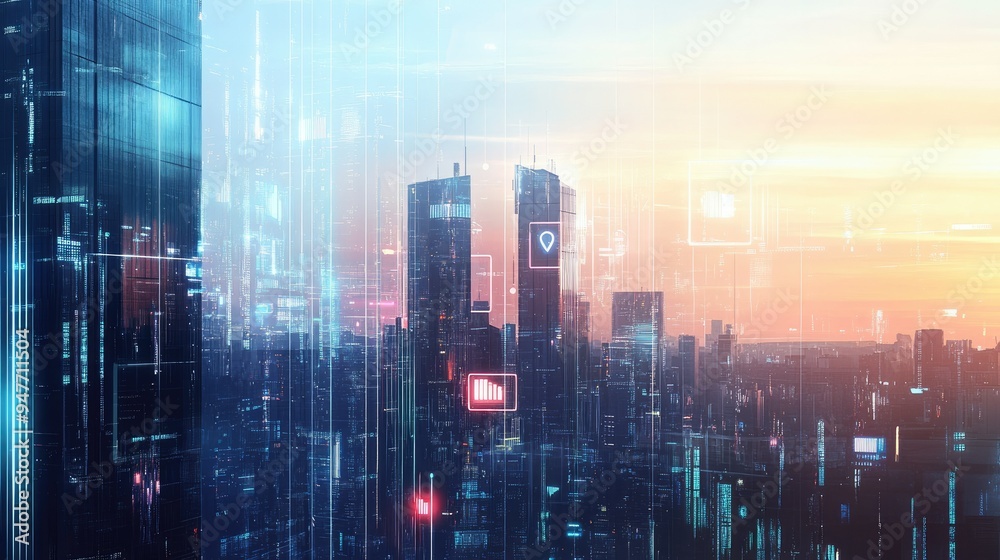 Futuristic cityscape with glass office buildings and technology icons, symbolizing business innovation. --ar 16:9 --v 6.1 Job ID: dfa97460-b09f-4266-b597-bbb52052614d Futuristic cityscape with glass office buildings and technology icons, symbolizing business innovation. --ar 16:9 --v 6.1 Job ID: dfa97460-b09f-4266-b597-bbb52052614d