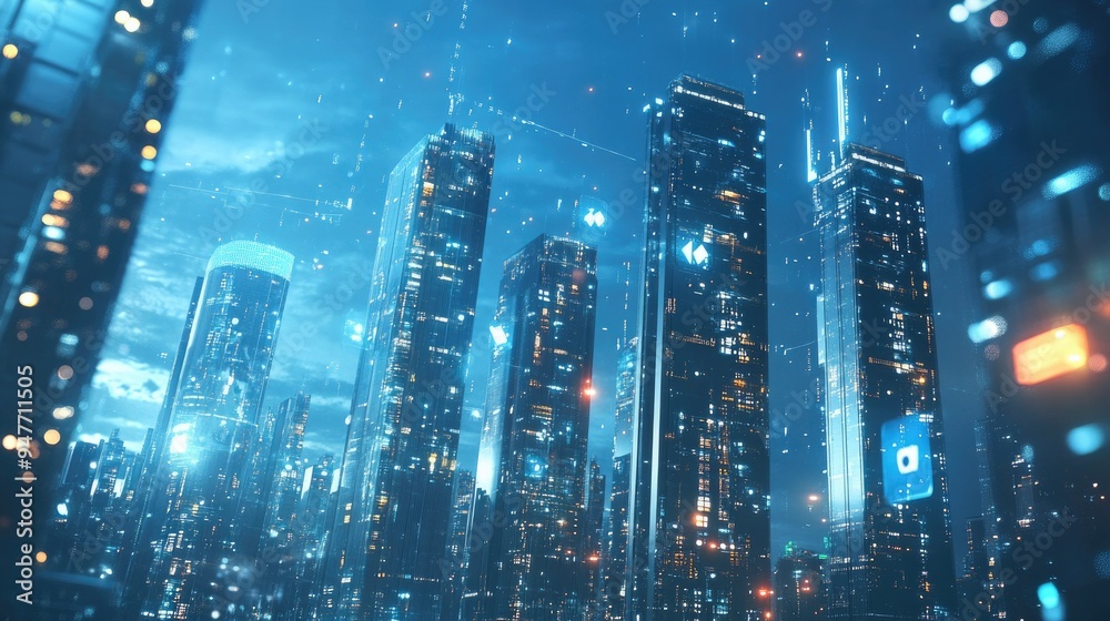 Futuristic cityscape with glass office buildings and technology icons, symbolizing business innovation. Futuristic cityscape with glass office buildings and technology icons, symbolizing business innovation.