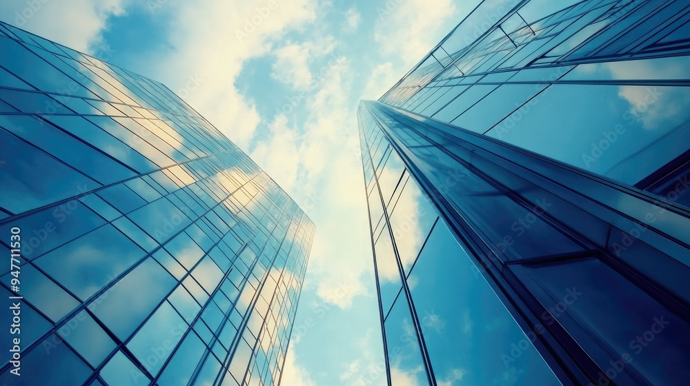 Glass buildings reflecting the sky with tech-inspired graphics, creating a sleek and modern business backdrop. Glass buildings reflecting the sky with tech-inspired graphics, creating a sleek and modern business backdrop.