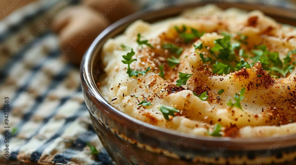 A warm silky bowl of potato mashes with new spices on top A warm silky bowl of potato mashes with new spices on top