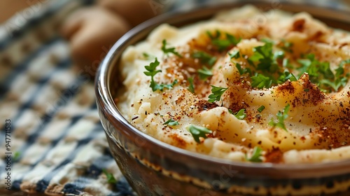 A warm silky bowl of potato mashes with new spices on top