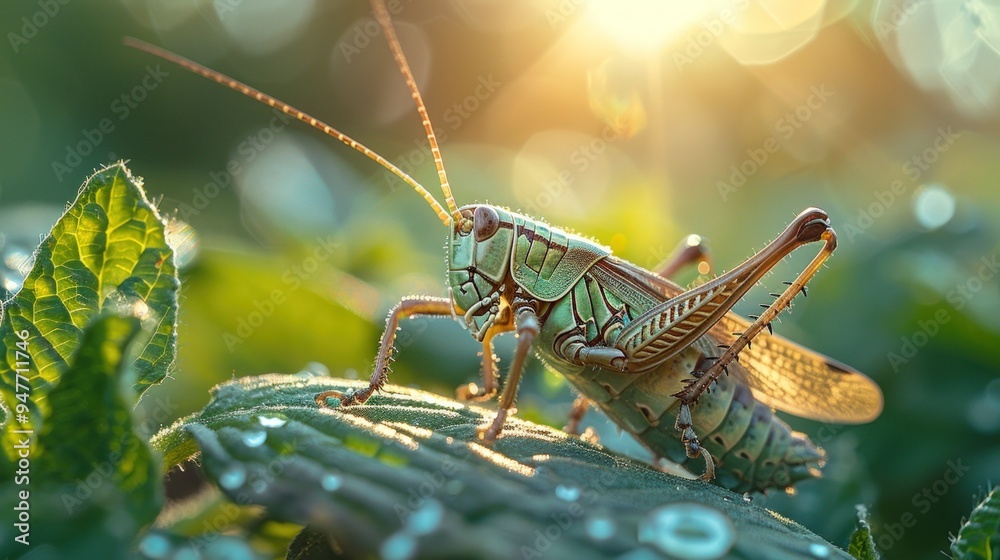 Fototapeta premium A green grasshopper sits on a leaf in the sunlight.