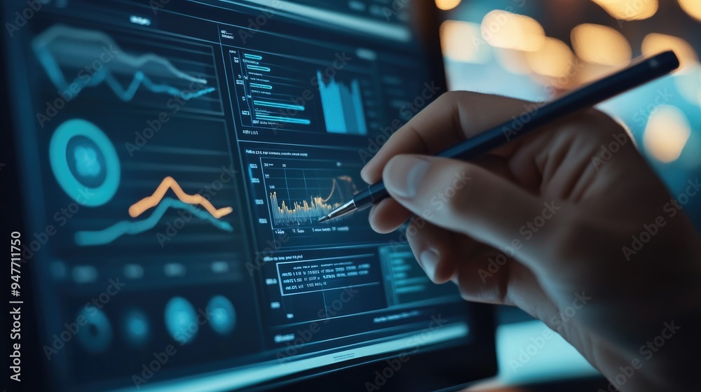 Hand holding a stylus, interacting with a digital analytics dashboard, categorizing and sorting data visually. Hand holding a stylus, interacting with a digital analytics dashboard, categorizing and sorting data visually.