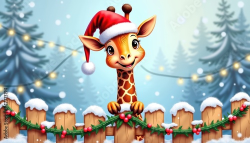 A cheerful giraffe wearing a Christmas hat stands by a snowy fence, surrounded by festive decorations and winter scenery.