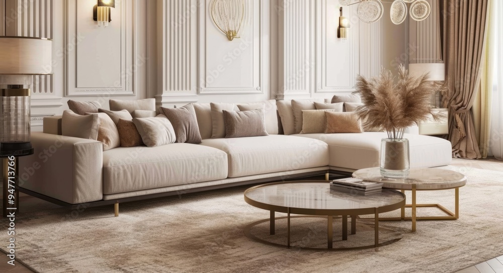 Fototapeta premium Stylish Interior Design: Elegant Living Room with Beige Sofa and Soft Carpet