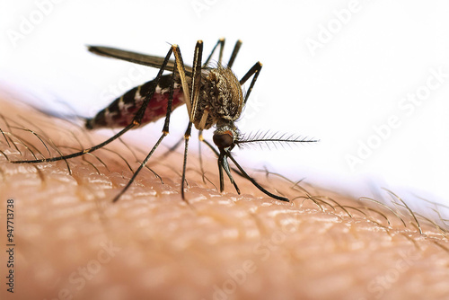 Mosquito. Bite. Close-up of a mosquito on the skin. Moment when the mosquito is biting the person's skin. Bite on the arm, legs and body. Transmitters of diseases such as lameness, West Nile virus. photo