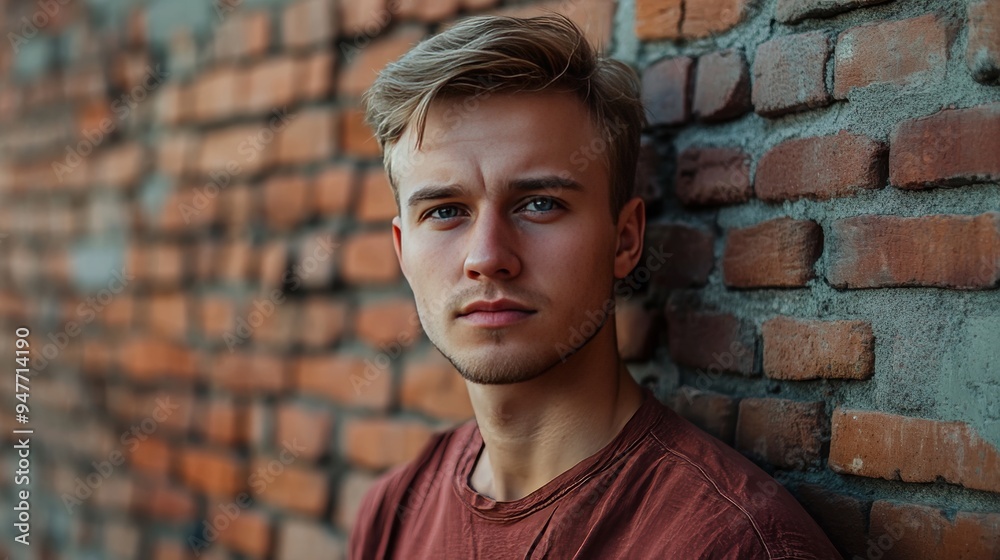 Man with thoughtful expression near brick urban wall. Man with thoughtful expression near brick urban wall.