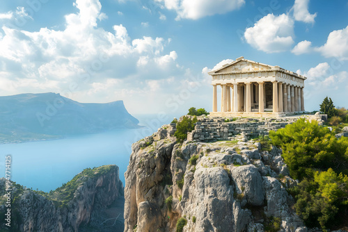 An ancient Greek temple isolated on top of a mountain in a beautiful location