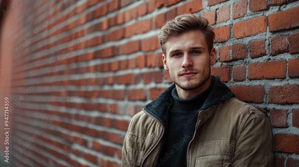 Thoughtful young Caucasian man by a brick wall.