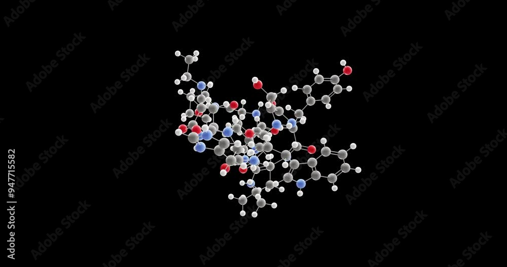 Leuprorelin molecule, rotating 3D model of hormone, looped video on a black background Leuprorelin molecule, rotating 3D model of hormone, looped video on a black background
