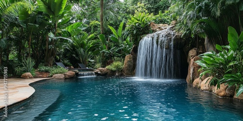 Fototapeta Naklejka Na Ścianę i Meble -  A waterfall flows into a lush pool.