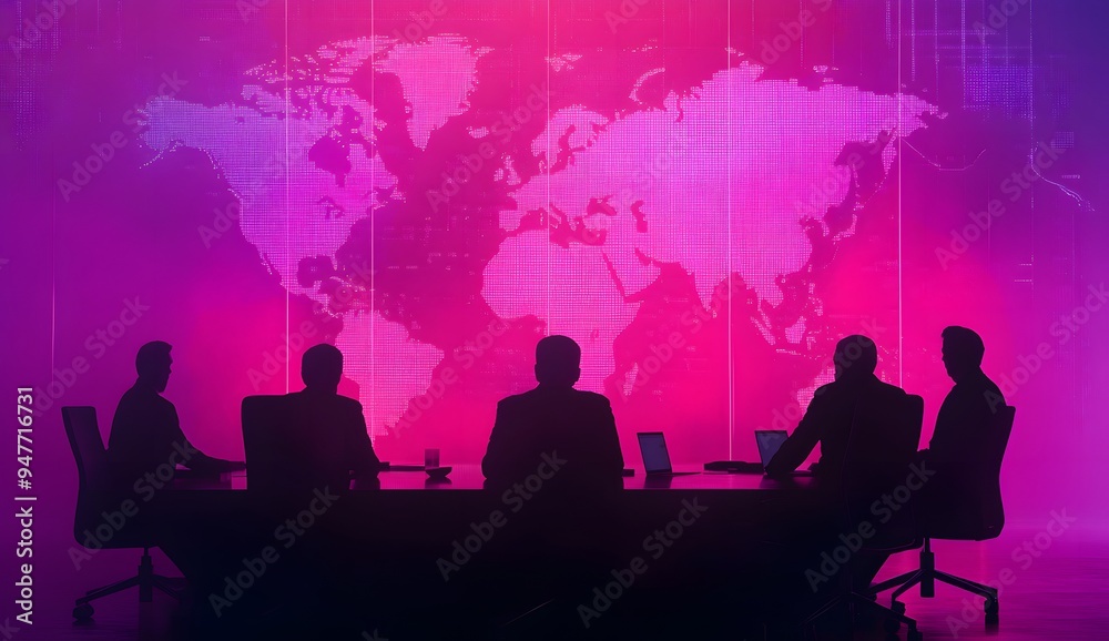 A business team in silhouette is having a meeting at a conference table, with a world map displayed on a digital screen A business team in silhouette is having a meeting at a conference table, with a world map displayed on a digital screen