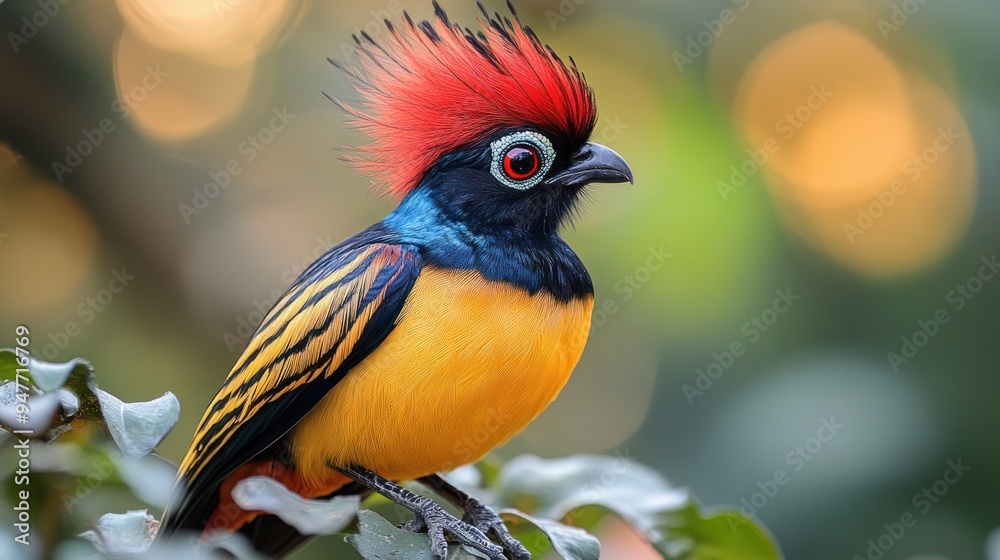 A colorful bird with a striking red crest perched on a branch. A colorful bird with a striking red crest perched on a branch.