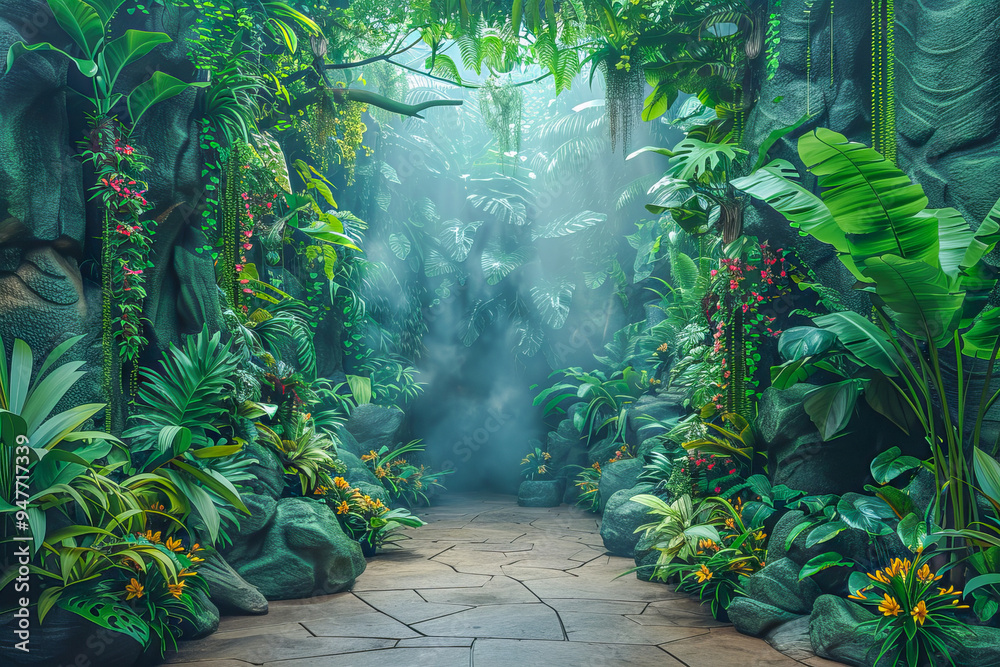 Stone pathway leading through a lush tropical jungle Stone pathway leading through a lush tropical jungle