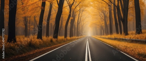 Foggy Autumn Road Through Golden Tree Canopy