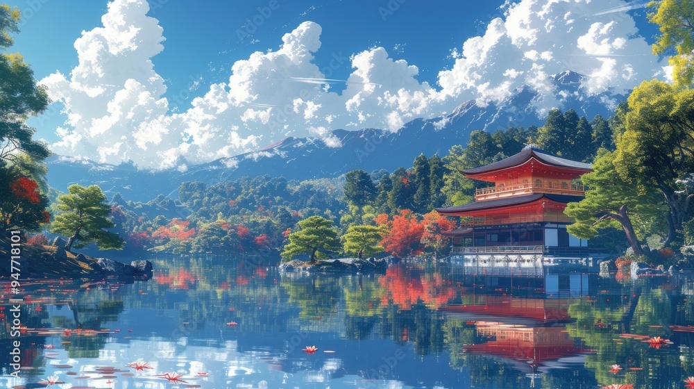 Obraz premium Japanese temple with pavilion and bonsai trees near calm lake reflecting in water lake, beautiful traditional architecture in tranquil springtime environment