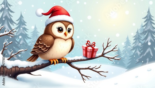 A cute owl wearing a Santa hat perched on a snowy branch with a gift, creating a cheerful holiday atmosphere.