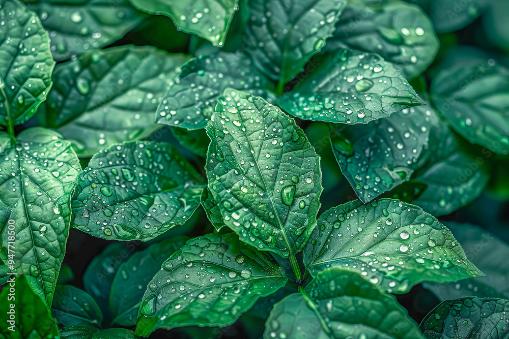 Fototapeta premium Green leaves covered with water drops background