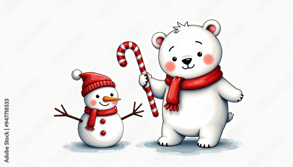 A cute polar bear and a snowman celebrating winter with festive accessories, perfect for holiday-themed designs. A cute polar bear and a snowman celebrating winter with festive accessories, perfect for holiday-themed designs.