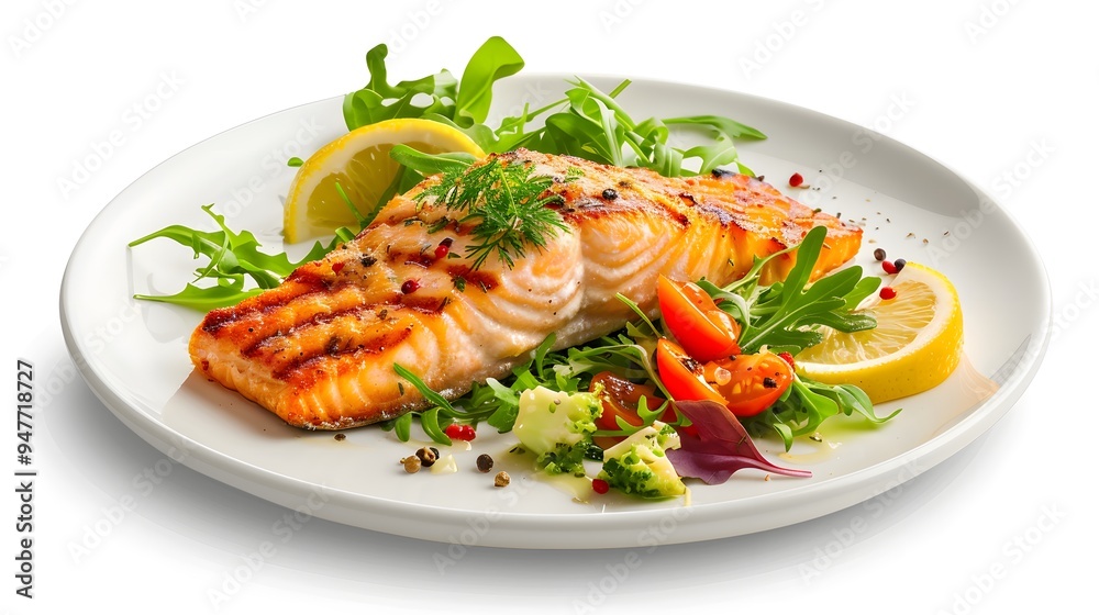 A perfectly seared salmon fillet on a simple, round plate with no additional garnishes. Minimalist Art Media realistic A perfectly seared salmon fillet on a simple, round plate with no additional garnishes. Minimalist Art Media realistic
