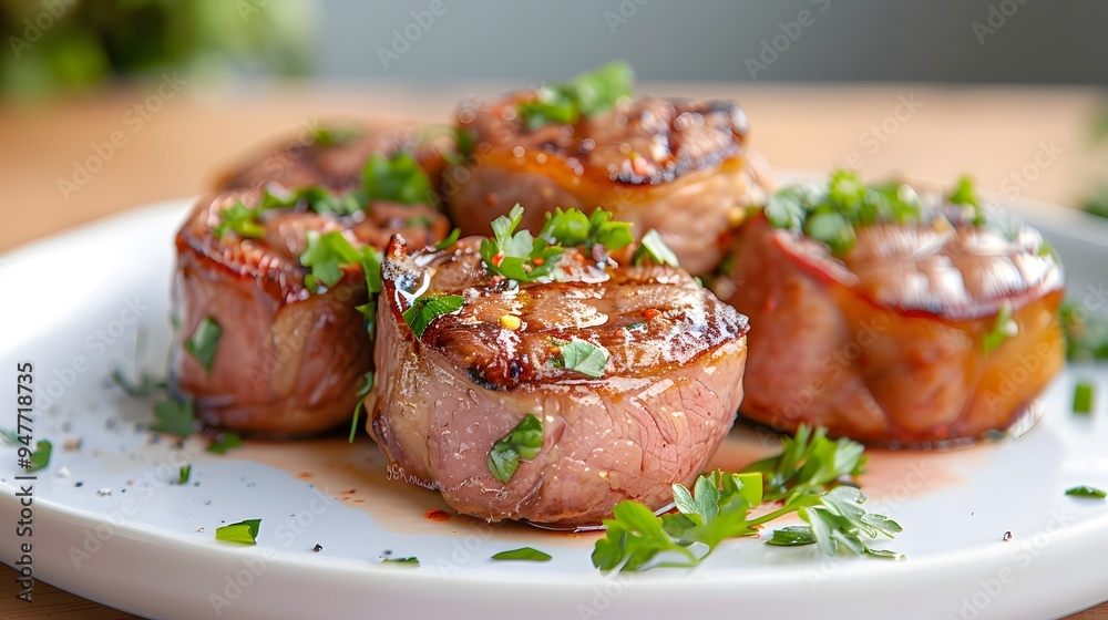 A small portion of lamb chops placed on a clean white plate with a focus on texture and simplicity. Minimalist Art Media realistic