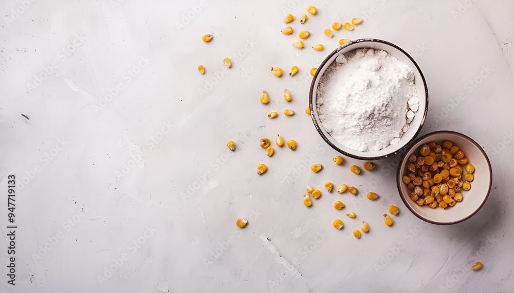 Bowl with corn starch and kernels on white background Bowl with corn starch and kernels on white background