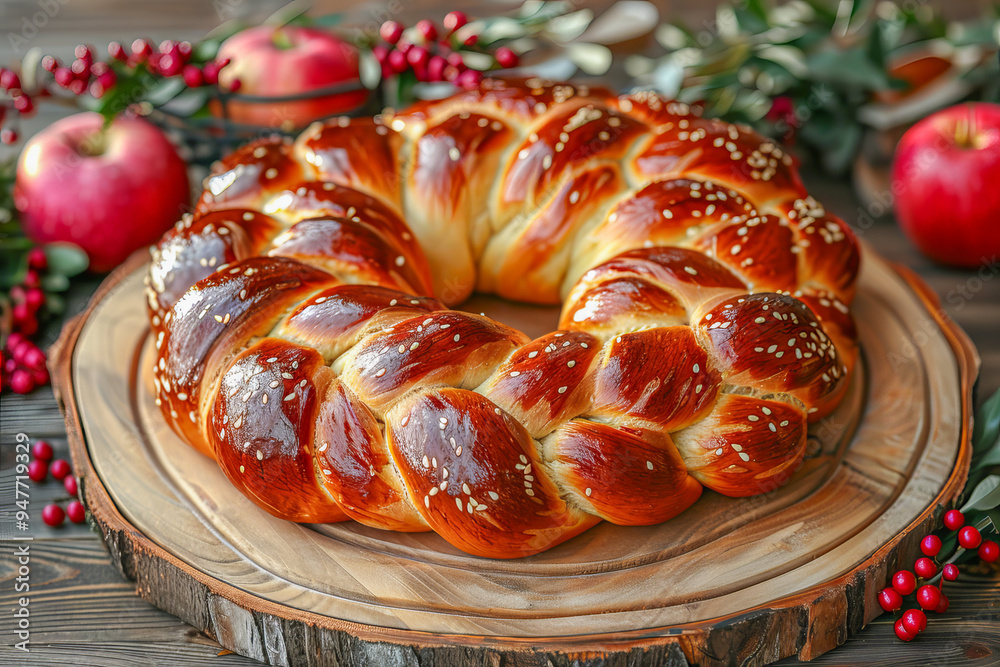 Fototapeta premium Round challah bread sprinkled with sesame seeds for rosh hashanah dinner
