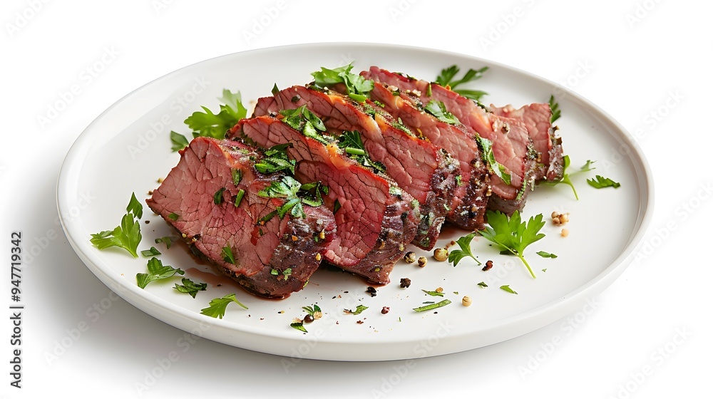 A serving of corned beef on a plain white plate, with no garnish or sides. Minimalist Art Media realistic A serving of corned beef on a plain white plate, with no garnish or sides. Minimalist Art Media realistic