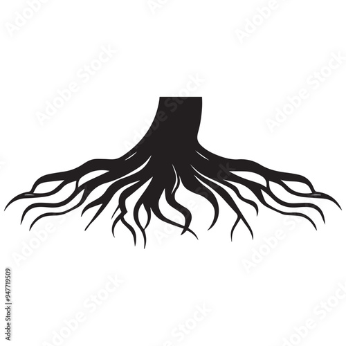 Root of the tree - Black  Root structure silhouette, Plant root system,  Roots illustration in black and white photo