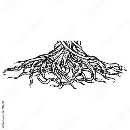 Root of the tree - Black  Root structure silhouette, Plant root system,  Roots illustration in black and white photo