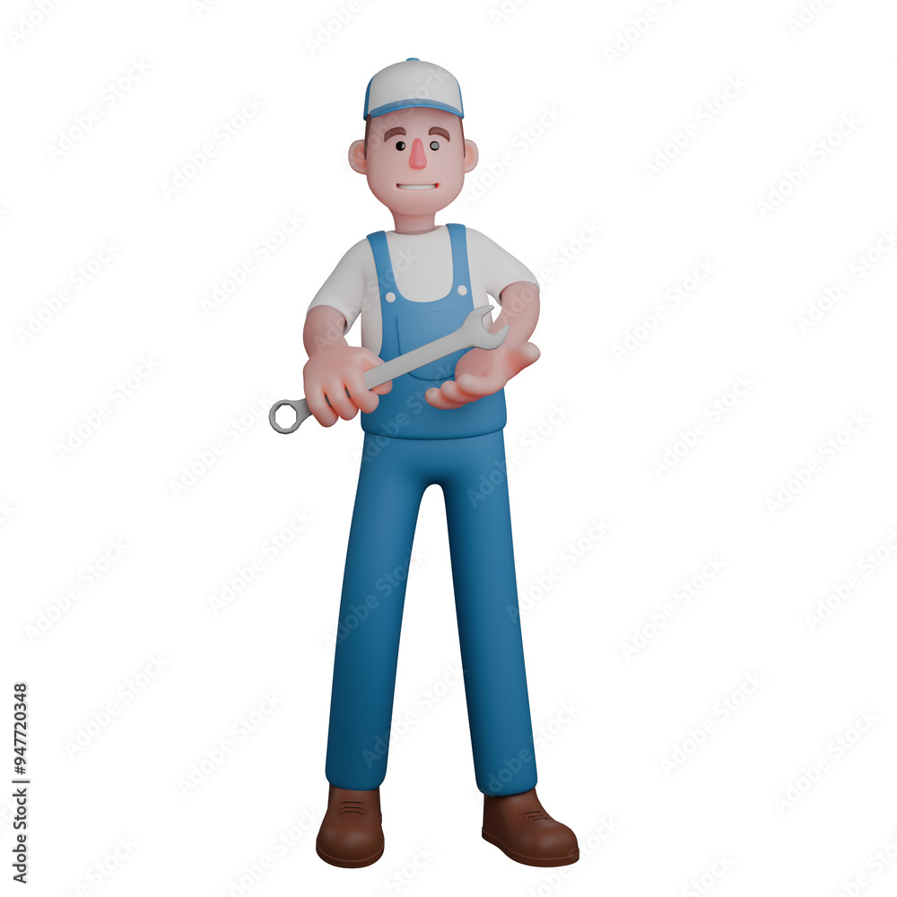 Professional Mechanic 3D Art. A mechanic holds a wrench with both hands, showcasing his readiness to work. Male Character Professional Mechanic 3D Art. A mechanic holds a wrench with both hands, showcasing his readiness to work. Male Character