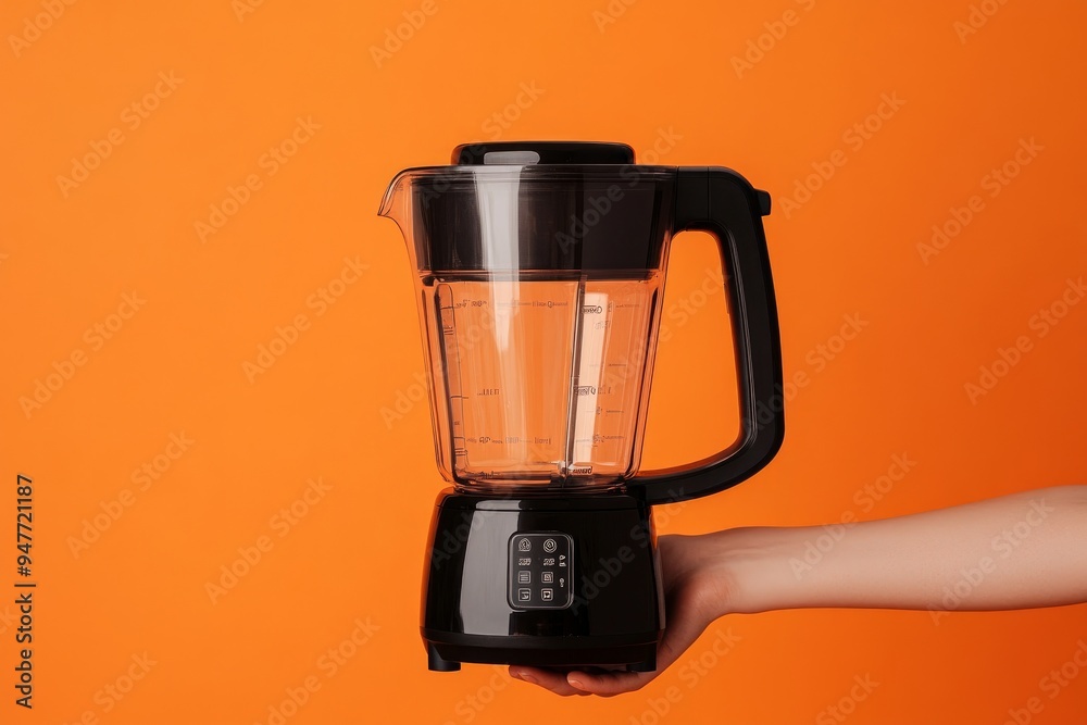 A person holding a high-end electric blender with a solid color background, showcasing its sleek design and powerful performance. A person holding a high-end electric blender with a solid color background, showcasing its sleek design and powerful performance.