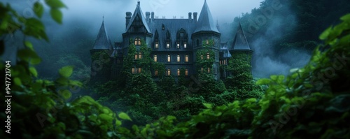 an abandoned castle, shrouded in mist and enveloped by overgrown ivy. photo