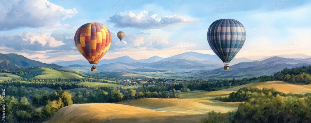 Fototapeta premium hot air balloons drifting gently over rolling hills bathed in early morning light. 