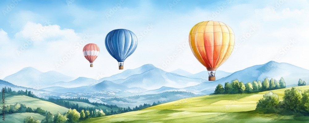 Fototapeta premium hot air balloons drifting gently over rolling hills bathed in early morning light.