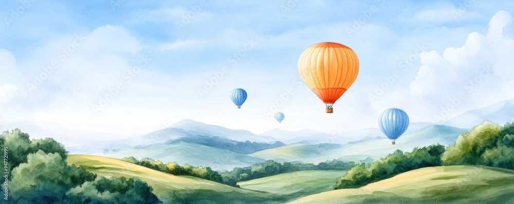 Fototapeta premium hot air balloons drifting gently over rolling hills bathed in early morning light. 