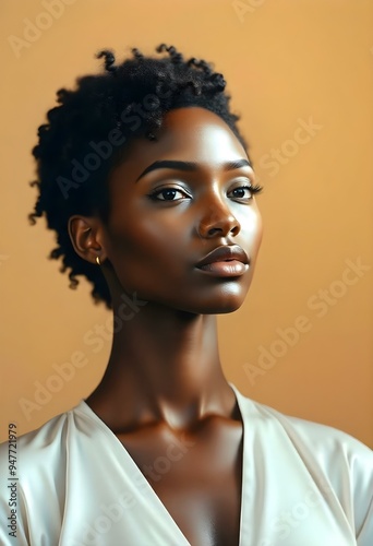 Elegant Woman in Silky Top Posing Against Warm Beige Background