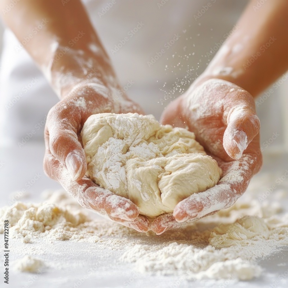 A close-up of a person hands kneading dough on a white surface, showcasing the art of baking. The white background highlights the texture of the dough and the flour on the hands. The high-resolution