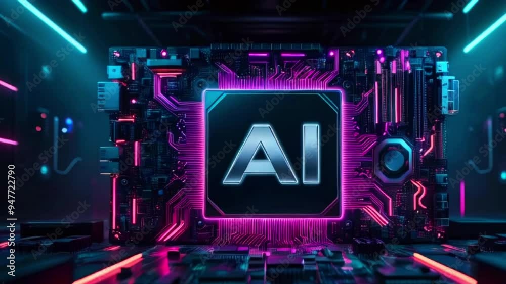 AI processor chip on a circuit board with neon lights in the background. AI processor chip on a circuit board with neon lights in the background.